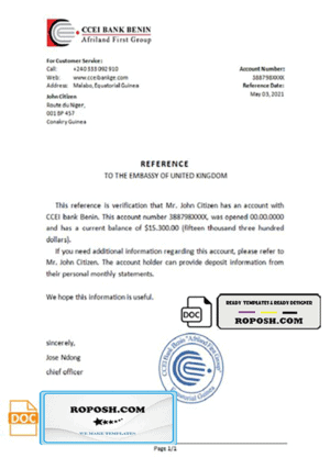 Equatorial Guinea CCEI Bank Benin bank reference letter template in Word and PDF format