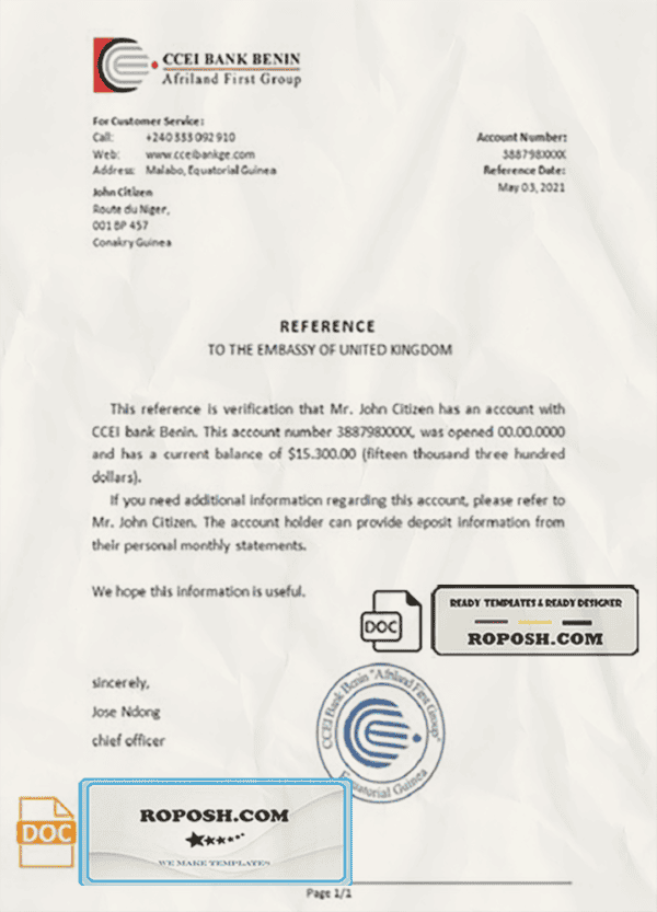Equatorial Guinea CCEI Bank Benin bank reference letter template in Word and PDF format