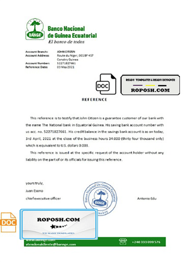 Equatorial Guinea The National Bank bank reference letter template in Word and PDF format