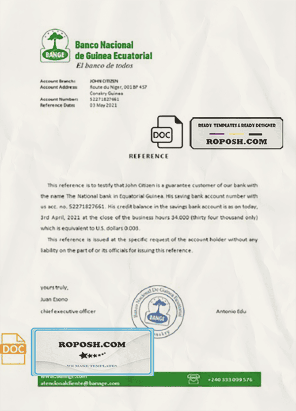 Equatorial Guinea The National Bank bank reference letter template in Word and PDF format
