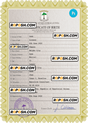 Equatorial Guinea birth certificate PSD template, completely editable