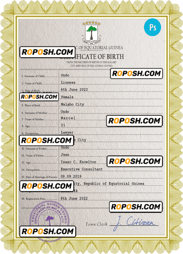 Equatorial Guinea birth certificate PSD template, completely editable
