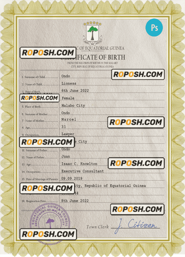 Equatorial Guinea birth certificate PSD template, completely editable