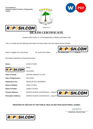 Equatorial Guinea death certificate Word and PDF template, completely editable