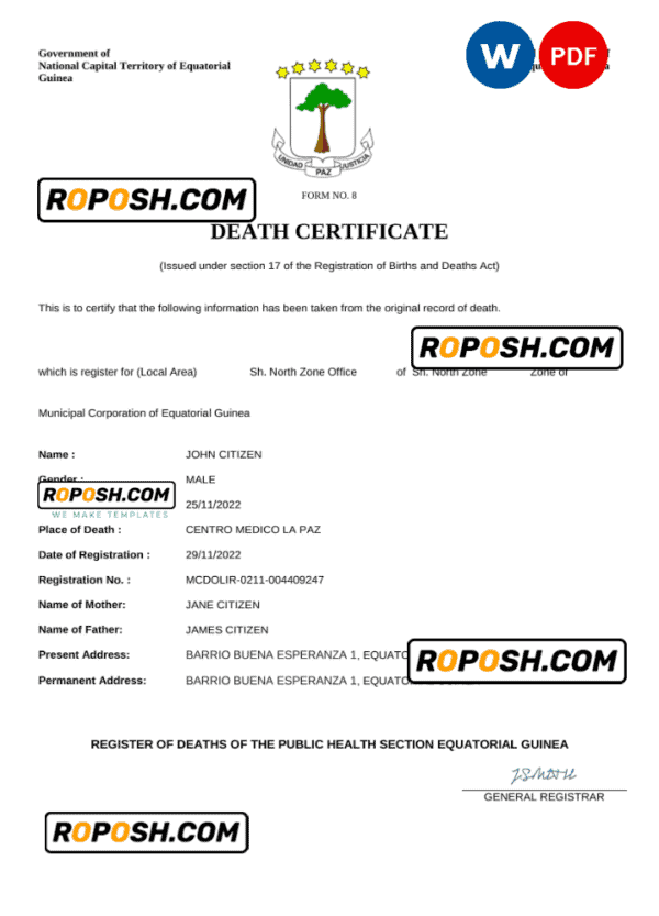 Equatorial Guinea death certificate Word and PDF template, completely editable