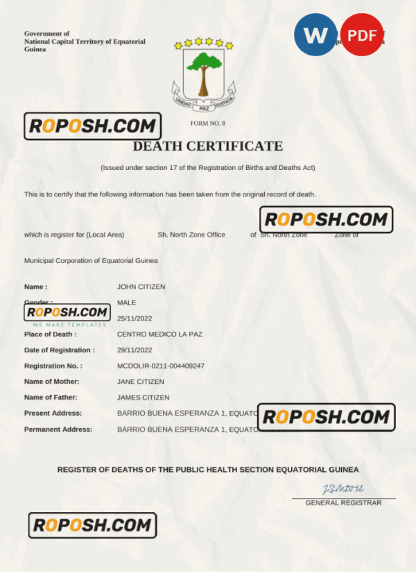 Equatorial Guinea death certificate Word and PDF template, completely editable
