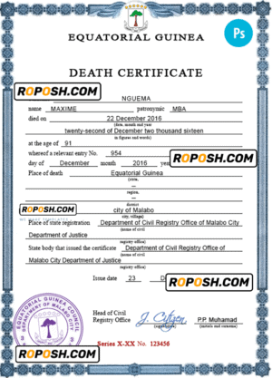 Equatorial Guinea death certificate PSD template, completely editable