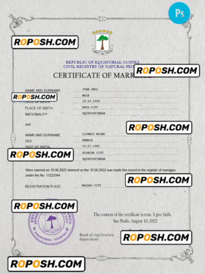 Equatorial Guinea marriage certificate PSD template, fully editable