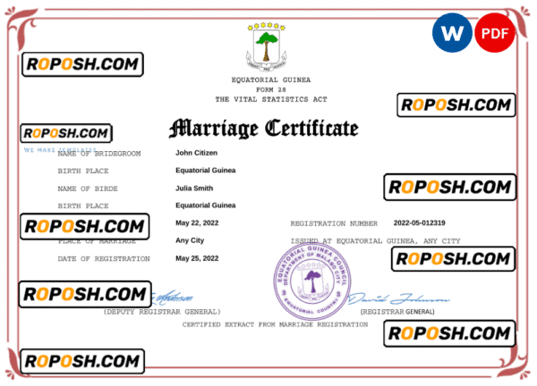 Equatorial Guinea marriage certificate Word and PDF template, fully editable