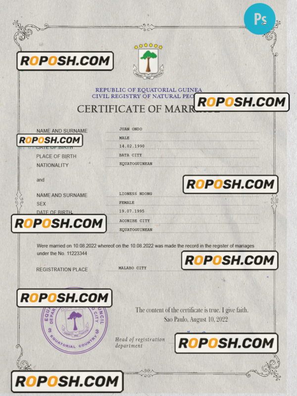 Equatorial Guinea marriage certificate PSD template, fully editable scan effect