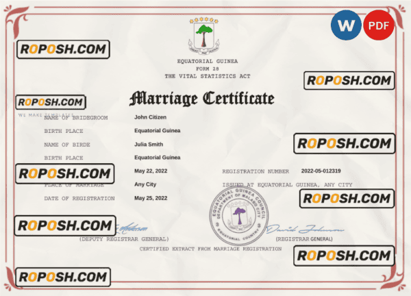 Equatorial Guinea marriage certificate Word and PDF template, fully editable