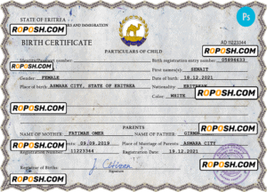 Eritrea vital record birth certificate PSD template, fully editable