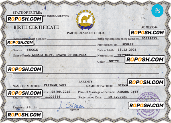 Eritrea vital record birth certificate PSD template, fully editable