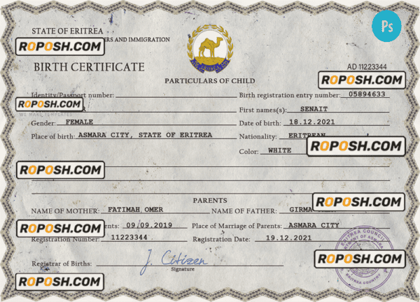 Eritrea vital record birth certificate PSD template, fully editable