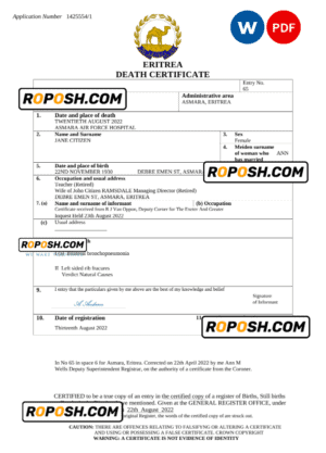 Eritrea vital record death certificate Word and PDF template