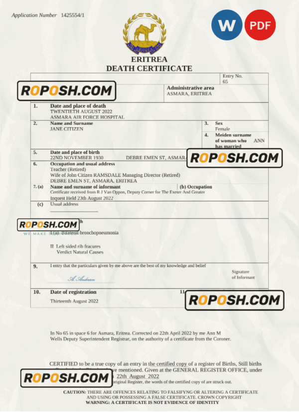 Eritrea vital record death certificate Word and PDF template