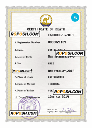 Eritrea vital record death certificate PSD template, fully editable