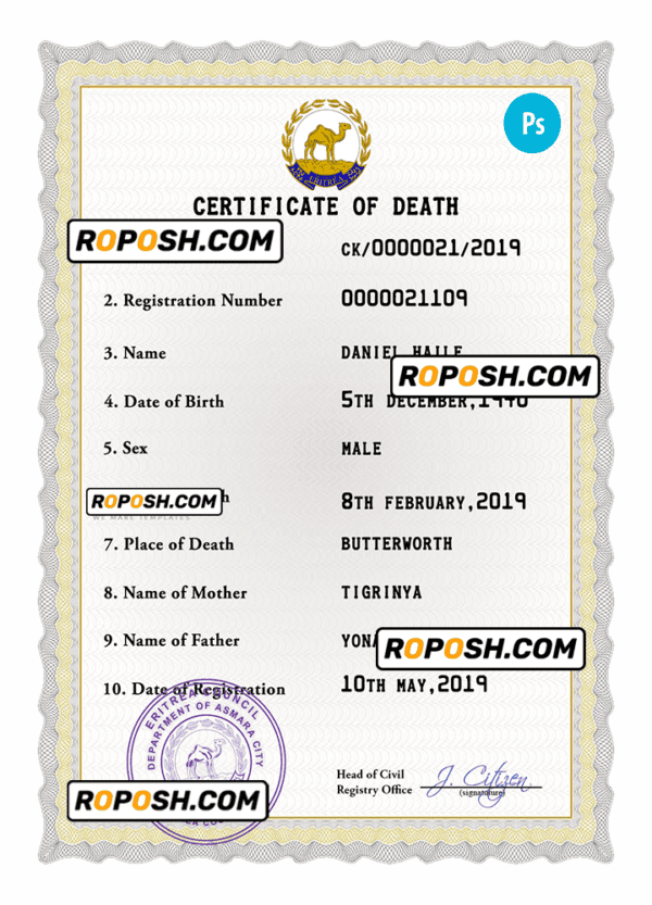 Eritrea vital record death certificate PSD template, fully editable