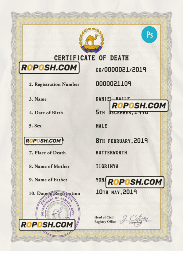 Eritrea vital record death certificate PSD template, fully editable