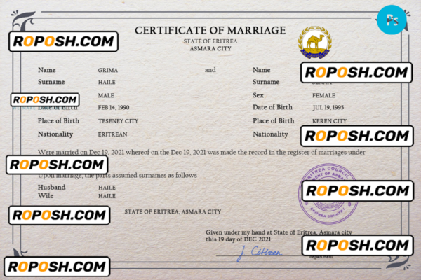 Eritrea marriage certificate PSD template, completely editable