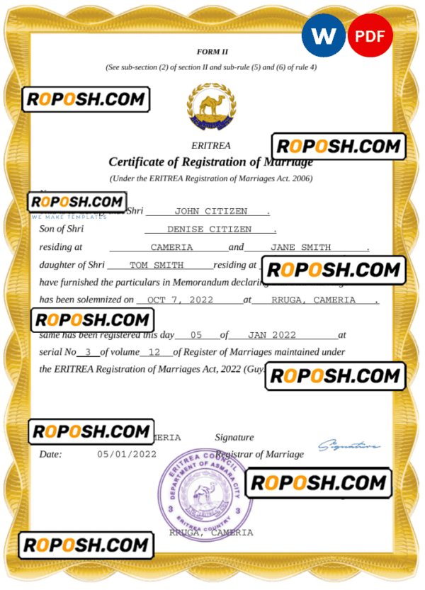 Eritrea marriage certificate Word and PDF template, completely editable