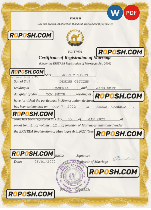 Eritrea marriage certificate Word and PDF template, completely editable