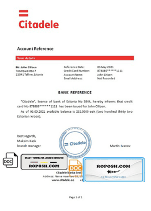 Estonia Citadele banka Eesti filiaal AS template of bank reference letter, Word and PDF format (.doc and .pdf)
