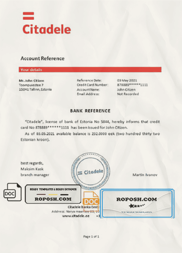 Estonia Citadele banka Eesti filiaal AS template of bank reference letter, Word and PDF format (.doc and .pdf)