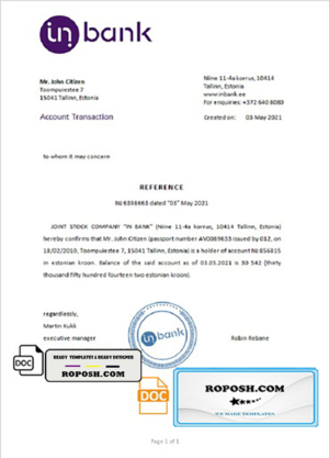 Estonia Inbank bank account reference letter template in Word and PDF format
