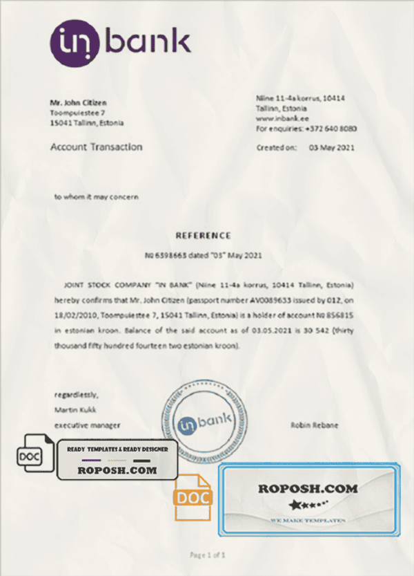 Estonia Inbank bank account reference letter template in Word and PDF format