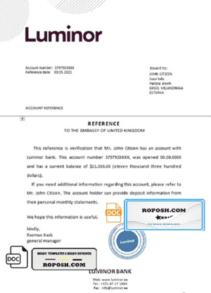 Estonia Luminor Bank template of bank reference letter, Word and PDF format (.doc and .pdf)