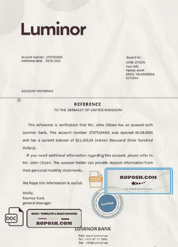 Estonia Luminor Bank template of bank reference letter, Word and PDF format (.doc and .pdf)