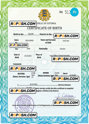 Estonia vital record birth certificate PSD template