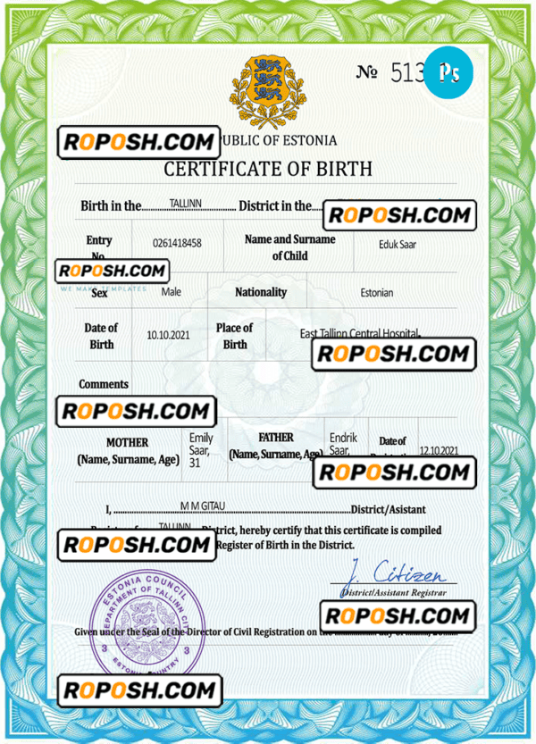 Estonia vital record birth certificate PSD template