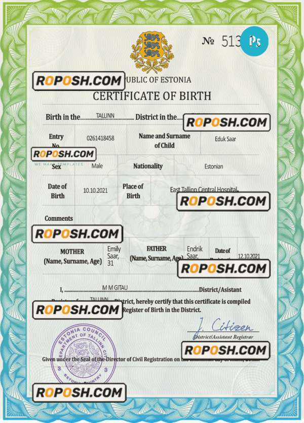 Estonia vital record birth certificate PSD template