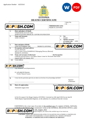 Estonia death certificate Word and PDF template, completely editable