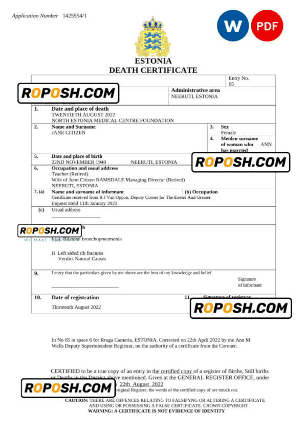 Estonia death certificate Word and PDF template, completely editable