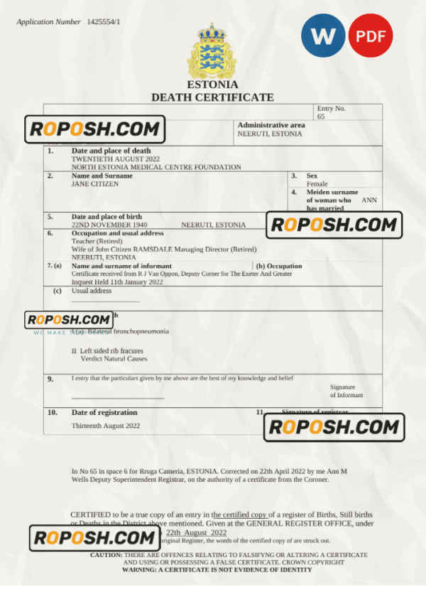 Estonia death certificate Word and PDF template, completely editable