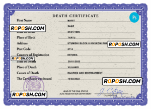 Estonia death certificate PSD template, completely editable