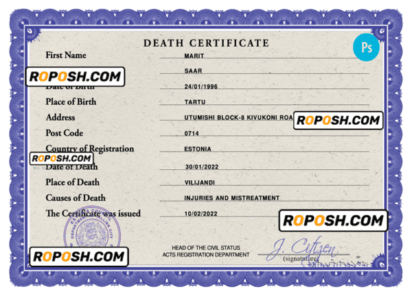 Estonia death certificate PSD template, completely editable