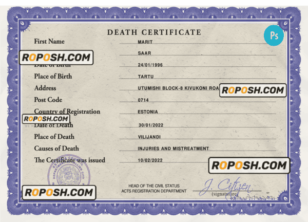 Estonia death certificate PSD template, completely editable