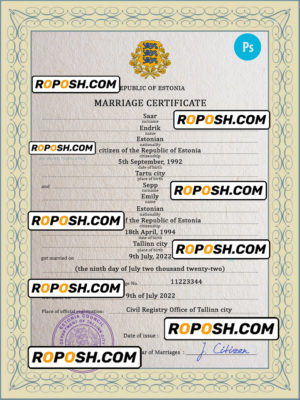 Estonia marriage certificate PSD template, fully editable