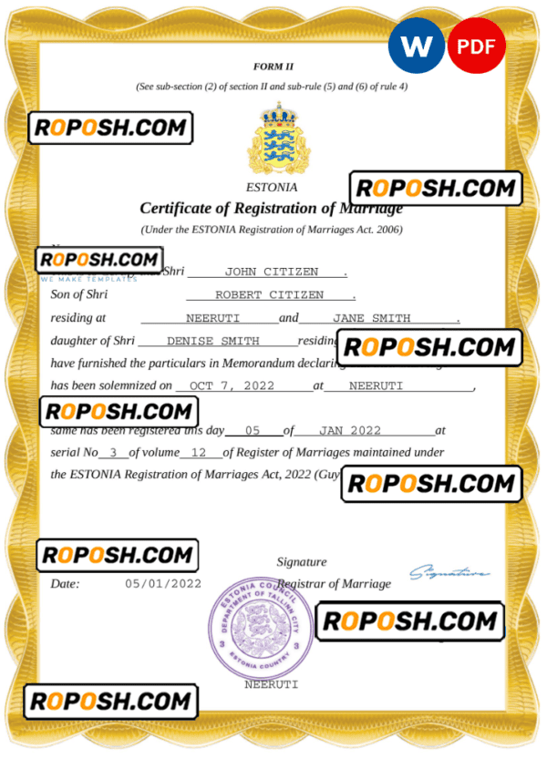 Estonia marriage certificate Word and PDF template, fully editable