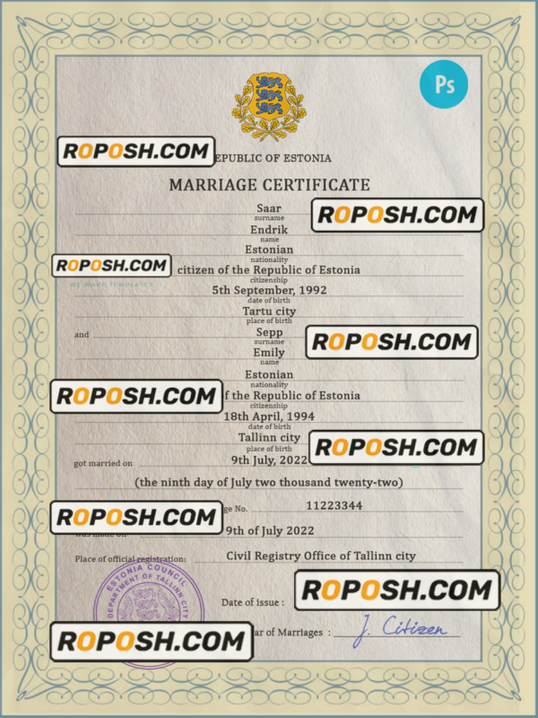 Estonia marriage certificate PSD template, fully editable scan effect