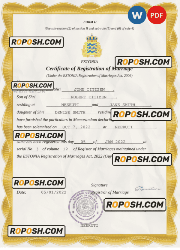 Estonia marriage certificate Word and PDF template, fully editable