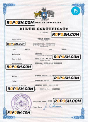 Eswatini vital record birth certificate PSD template, completely editable