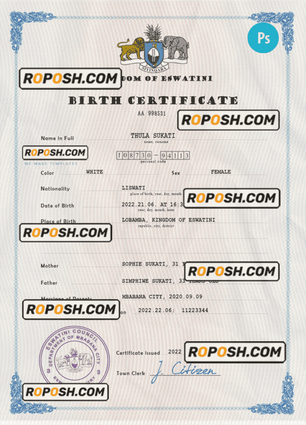 Eswatini vital record birth certificate PSD template, completely editable