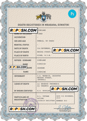 Eswatini vital record death certificate PSD template, completely editable