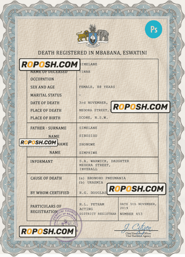 Eswatini vital record death certificate PSD template, completely editable