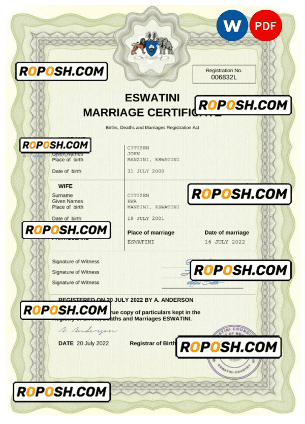 Eswatini marriage certificate Word and PDF template, completely editable